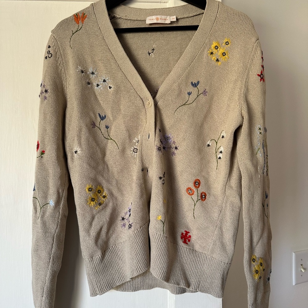 Tory Burch Beige Floral Embroidered V‑Neck Cardigan